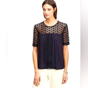 Ann Taylor Lacy Mixed Media Top In Navy Blue Size Small Eyelet